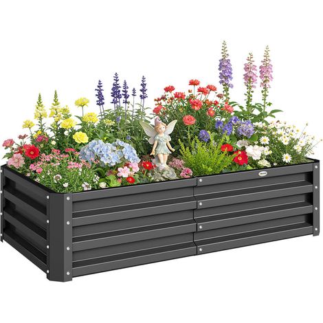 Carré potager rectangulaire en acier galvanisé ondulé bac de jardin pour fleurs et légumes 120 x 60 x 30,5 cm gris (1/5)