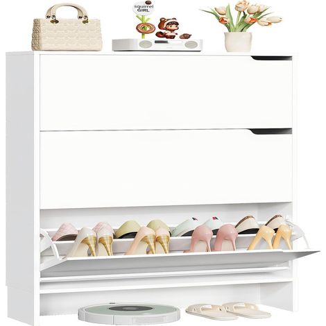 Freestanding Slim Shoe Storage Cupboard, Wooden Shoe Cabinet with 3 Flip Doors and Adjustable Shelves for Hallway Entryway, Stores 18-24 Pairs Shoes