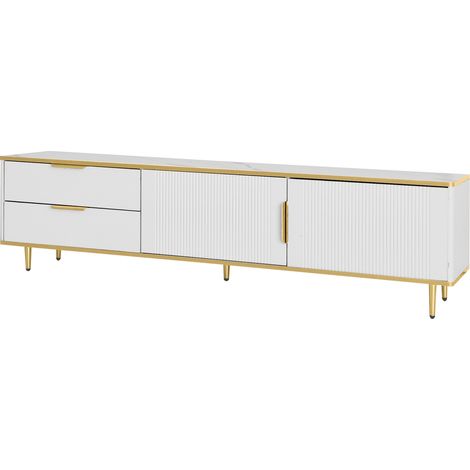 Mobile TV 170 cm bianco e dorato con 2 cassetti, ante intagliate e gambe in metallo (1/5)