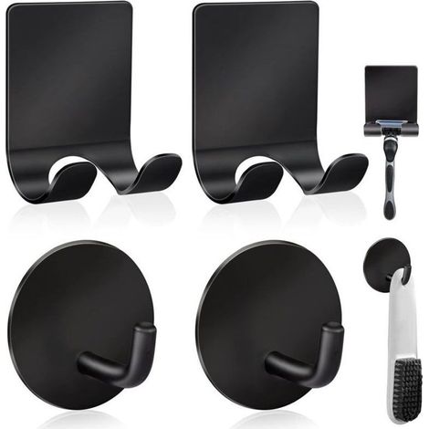 Support de rasoir de douche en acier inoxydable + crochets muraux adhésifs imperméables et résistants de qualité supérieure pour suspendre serviettes, manteaux et chapeaux (lot de 2 + 2) - Noir (1/3)