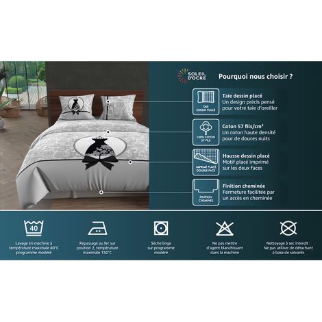 Parure Housse de Couette, Coton, Gris, 220x240 cm (1/4)