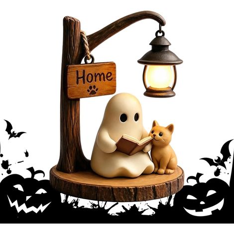 Lampe vintage Lanterne de bibliothèque fantôme avec figurines de chats en 3D – Lanterne d'étagère fantôme adorable (1/5)