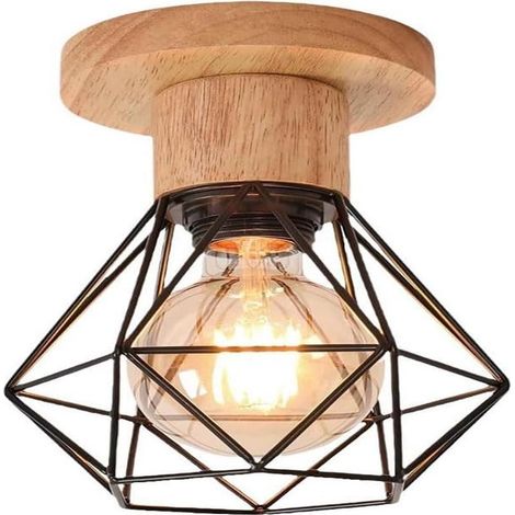 Plafonnier semi-encastré de style ferme vintage en bois et métal noir pour entrée, couloir, chambre (1/5)