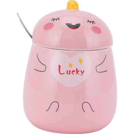 Mug en Céramique 450ml avec Couvercle et Cuillère - Idée Cadeau Fille pour Bureau ou Maison - Rose Porte-Bonheur (1/5)