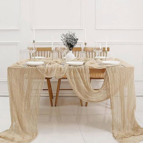 Chemin de table bohème en tissu mousseline de coton froissé, 90 x 300 cm, couleur beige, pour décoration de cuisine rustique (1/5)