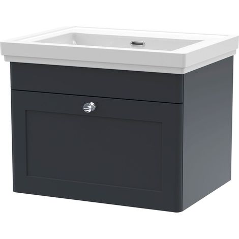 Swynnerton Traditional 1 Drawer Wall Hung Vanity Unit with Basin, Dark Grey, 600mm