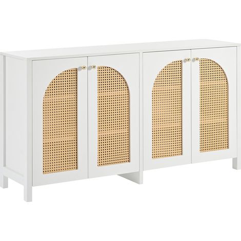Buffet moderne au style minimaliste, meuble de rangement simple à 4 portes en rotin, poignées métalliques, pour salle à manger, salon, cuisine (blanc) (1/5)