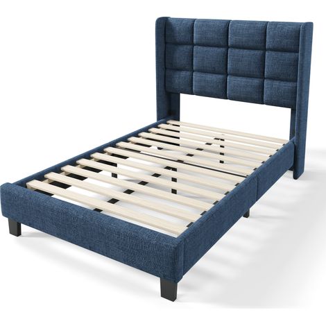 Cama individual tapizada 90x200 cm de tela azul con somier de láminas y cabecero alto HOMVRA (1/5)