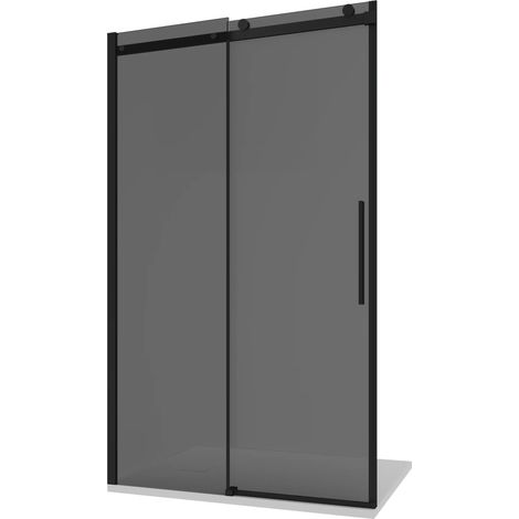 Porte de douche coulissante pour niche 130cm Profilés aluminium noir mat Verre fumé 8mm h195 avec traitement Easy-clean - Mod. réversible Creta