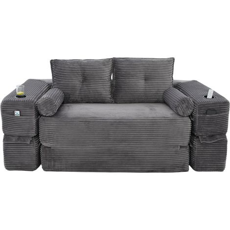 Sofá cama 2 plazas de pana acanalada, cojines memory, bolsillos laterales, portavasos, gris oscuro (1/5)