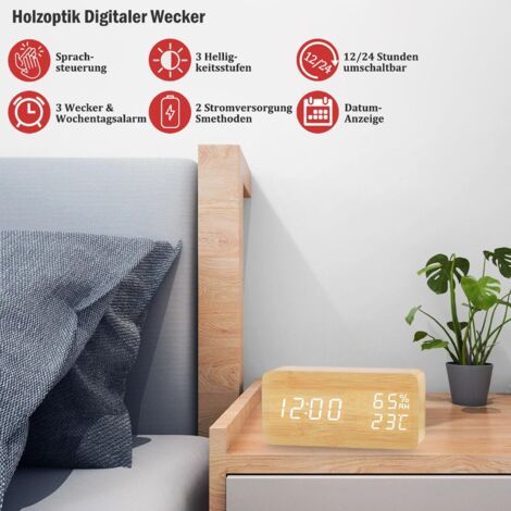 Sveglia LED in legno digitale, 3 allarmi, USB, visualizza ora, temperatura e umidità, 12/24h (1/4)