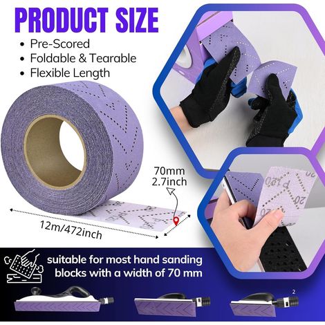 Rouleau de Papier Abrasif Grain 80, 70 mm x 12 m Rouleau de Feuille de Ponçage Multi-Trous Prédécoupé Papier de Verre Céramique Violet pour Le Bois, Le Métal, Le Ponçage Automobile