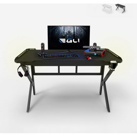 Scrivania gaming 120x60cm LED carbonio porta cuffie bibite ergonomica Sportbot LED 120 - Nero