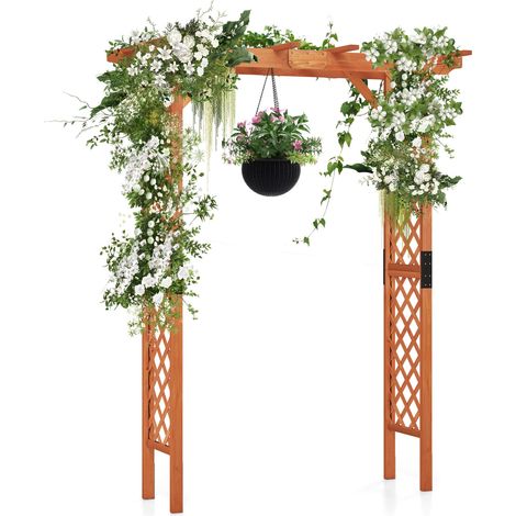 COSTWAY Wooden Garden Arbor Garden Arch for Various Climbing Plants&Roses-Brown (1/5)