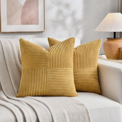 Lot de 2 housses de coussin boho 30x50 cm jaune gingembre, motif entrecroise en velours cotele, decor canape chambre (1/5)