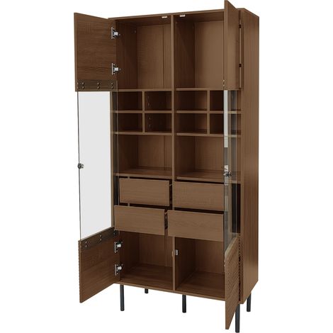 Mobile contenitore multifunzione effetto noce con frontali in vetro, ripiani a gradini e cassetto nascosto per bagno, soggiorno o ufficio (1/5)