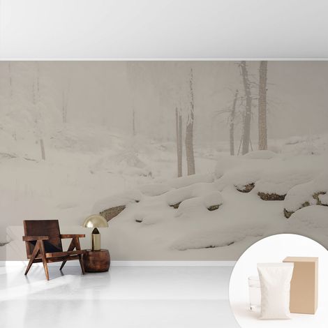 Papier peint intissé décoratif pour salon chambre et cuisine Facile à poser avec colle Forêt enneigée 416x254 cm (1/5)