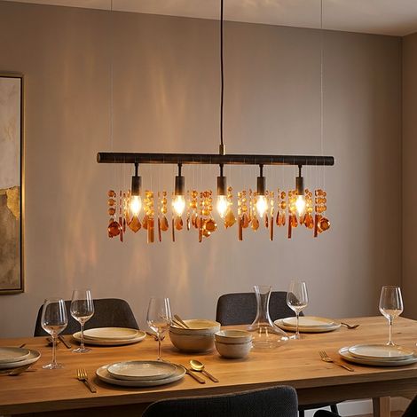 Suspension LED Lampe de table à manger cristal Suspension salon, brun ambre, 5 flammes LED blanc chaud, LxlxH 80x9,8x150 cm (1/5)