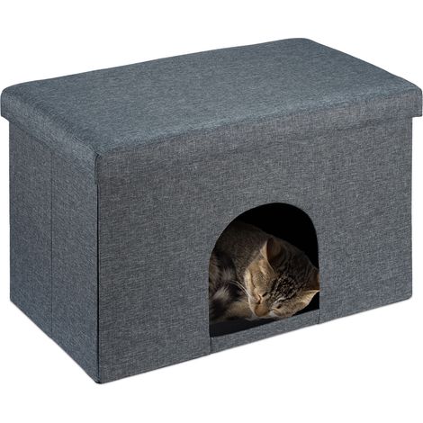 Relaxdays Cat Cave with Seat Pad, Foldable Stool, Ottoman, Cosy Hiding Place for Pet, HxWxD: 38.5 x 64.5 x 37.5 cm, Grey (1/5)
