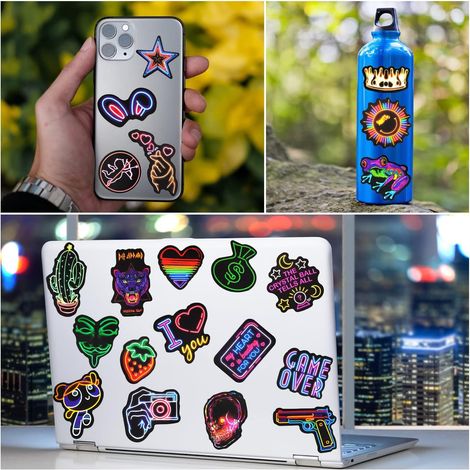 Stickers 200 Pcs Autocollants Marque Néons Sticker Waterproof Vinyle Stickers Aesthetic Pour Ordinateur Portable Skate Phone MacBook iPad Valises Vtt Voiture Velo Moto Tuning Poussettes Casques (1/4)
