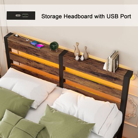 Cama 120x200 cm negra y marrón con LED, USB y almacenaje, metal y madera, sin colchón MEUBLIV (1/5)
