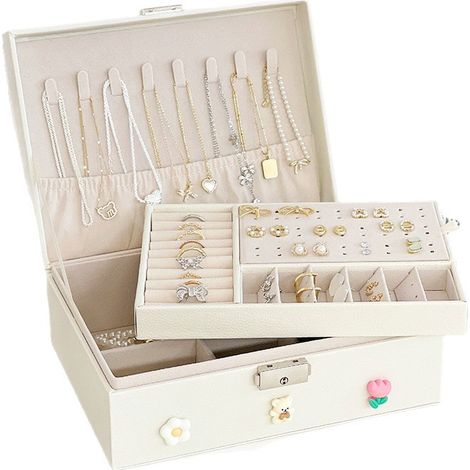 Boîte à bijoux, organisateur de bijoux à 2 couches, organisateur de boîte à bijoux en cuir PU pour colliers, boucles d'oreilles, bracelets, accessoires de bagues, boîtes à bijoux pour (1/2)