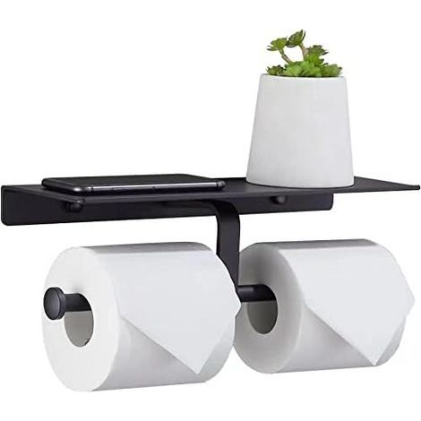 Double toilet roll holder in aluminum alloy, no drilling required, matte finish, phone holder included (black). (1/5)