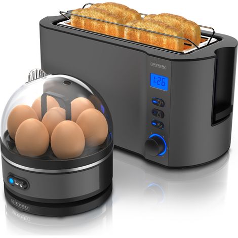 Arendo - SET Toaster MANHA mit Eierkocher SEVENCOOK Edelstahl Grau, Toaster 4 Scheiben, LED-Display, 6 Bräunungsgrade, Brötchenhalter - Eierkocher 1-7 (1/5)