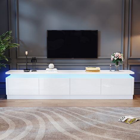 180×34×40 cm Meuble TV avec 4 tiroirs, support TV avec LED, lowboard brillant et table TV, adapté aux téléviseurs jusqu’à 80 pouces, blanc