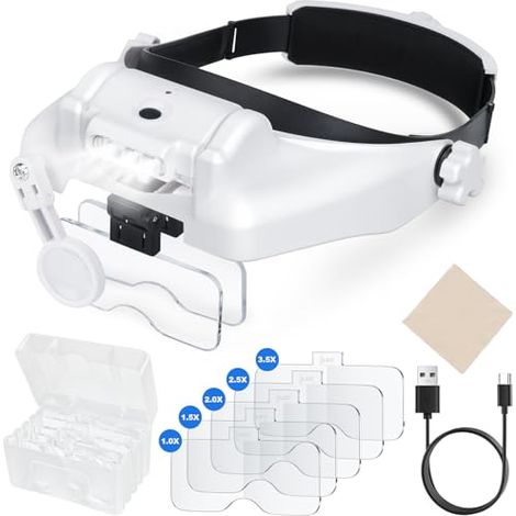 Lunette Loupe Grossissante, Loupe Frontale Serre-Tête avec Lumière LED, Lunette Loupe avec 5 Lentilles Détachables(1.0X 1.5X 2.0X 2.5X 3.5X) pour Travaux de Précision, Lecture, Réparation de Montre