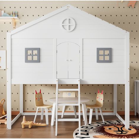 Lit mezzanine cabane enfant 90x200 cm avec escalier, barrières de sécurité et 2 fenêtres, bois massif+MDF blanc/gris (1/5)