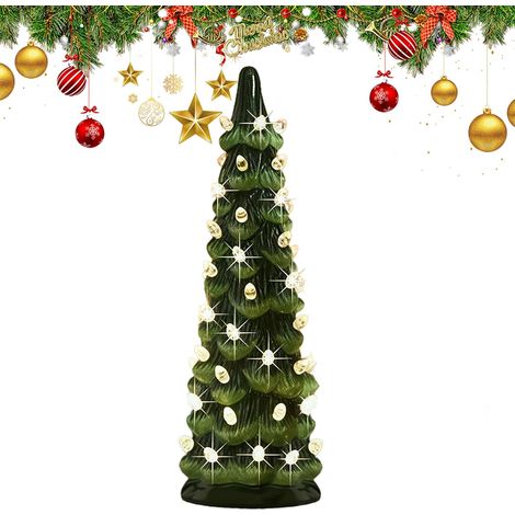 Sapin de Noël rétro peint à la main avec minuterie, arbres de Noël en céramique qui s'allument, sapin de Noël de table avec lumières LED, pour décoration festive de table (lumières chaudes, 25 cm) (1/5)