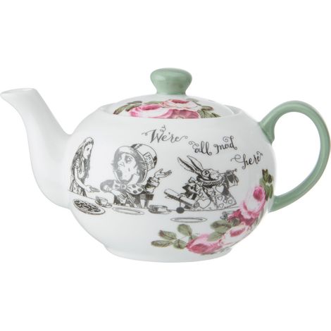 Mikasa et The V&ampA Mini petite théière avec couvercle pour une personne, 400 ml, thé de Alice au pays des merveilles, porcelaine de bone china, lavable au lave-vaisselle et dans de boîte cadeau