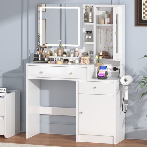Coiffeuse avec miroir LED, luminosité réglable, 3 couleurs, coiffeuse avec prise et miroir, 2 tiroirs 5 étagères et 2 armoire, 38P X 85L X 136H cm, Blanc (1/5)