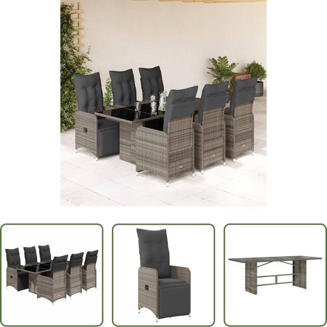 Gartentisch - 7-tlg. Garten-Bistro-Set mit Kissen Grau Poly Rattan (1/5)