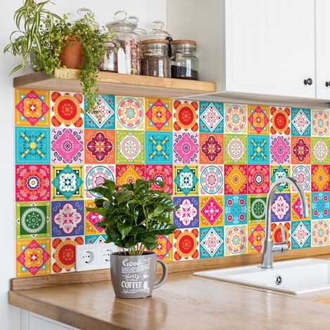 Sticker Mural Carrelage adhésif Cuisine Salle de Bain - 30 STICKERS CARREAUX DE CIMENT AZULEJOS SERINATA - 30stickers10x10cm (1/5)