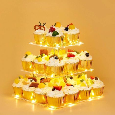 3 Etages Présentoir Cupcake, Support à Cupcakes avec Guirlande Lumineuse à LED Jaune, Presentoir Gateau Carré pour Anniversaire, Mariage, Remise de Diplômes, Anniversaire, Décoration de FêteE (1/5)
