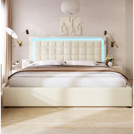 Letto matrimoniale 160x200 cm bianco in PU con LED, contenitore e rete a doghe