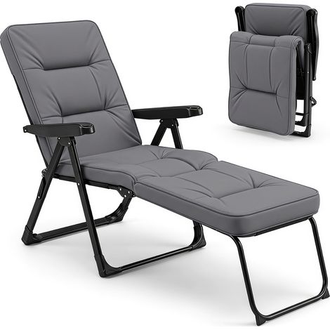 COSTWAY Sedia a Sdraio Pieghevole, Lettino Prendisole da Esterno con Schienale e Poggiapiedi Regolabili, Poltrona Relax in Metallo con Cuscino Morbido per Giardino e Terrazzo, Portata 150 kg (Grigio) (1/5)
