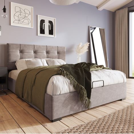 Letto imbottito moderno 90x200 cm in velluto grigio chiaro, testiera regolabile, rete a doghe sollevabile con contenitore (1/5)