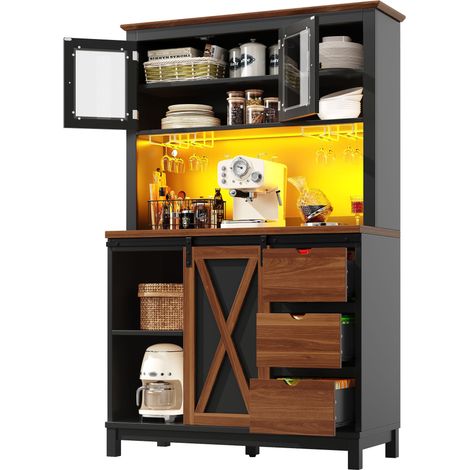 Armoire haute moderne avec éclairage LED et commande par application, meuble de cuisine ou de salle à manger avec tiroir, buffet à porte coulissante et trois tiroirs, noir (1/5)