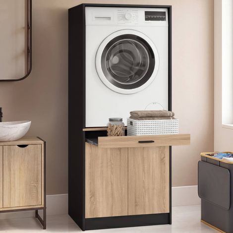 Mueble elevador para lavadora o secadora WALLIS con bandeja deslizante para la cesta de la ropa y armario en negro y madera