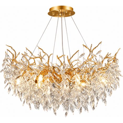 Lustre suspendu doré 45 cm en métal et cristal, suspension réglable 150 cm, lampe E14 pour salon salle à manger