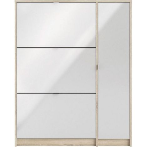 Abitare – Étagère à chaussures double profondeur 124 cm – Blanc brillant et chêne – 3 rabats et porte – Meuble en bois mélaminé (1/5)