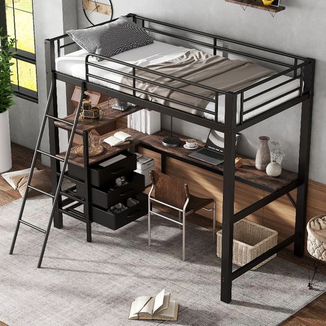 Hochbett mit Schreibtisch und Schubladen, Etagenbett 90x200cm aus Metall, Platzsparendes Jugendbett mit Treppe, Schwarz und Dunkle Walnuss (1/5)