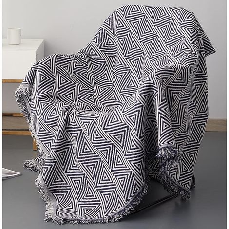 Sollbry Funda de sofá en blanco y negro de 90 x 180 cm - Protector de muebles - Decoración - Funda de sofá de punto de algodón con flecos - Idea de regalo - Una pieza (1/4)
