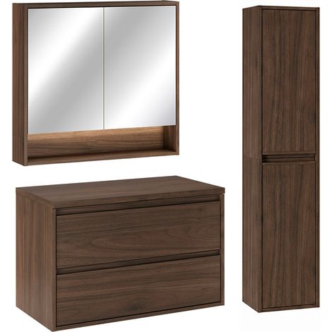 Conjunto mueble bajo lavabo de 80 cm columna y armario con espejo Edmé madera oscura (1/4)