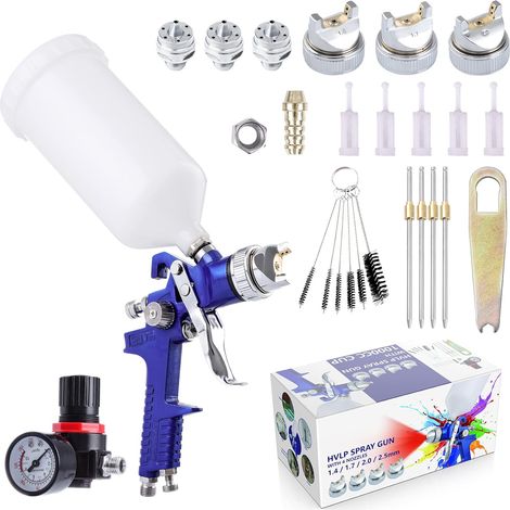 Pistolet à Peinture 1000ml avec 4 Buses 1,4mm 1,7mm 2,0mm 2,5mm, Pistolet à Pulvérisation par Gravité avec régulateur d'air pour la Peinture de Meubles automatiques,Bleu (1/5)