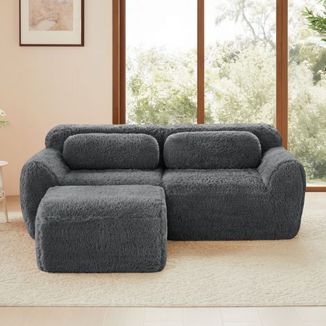 Divano modulare a 2 posti in morbido design senza telaio, schiuma ad alta resilienza 32D, cuscini inclusi, arredamento per soggiorno/camera da letto, 1 poggiapiedi, grigio (1/5)