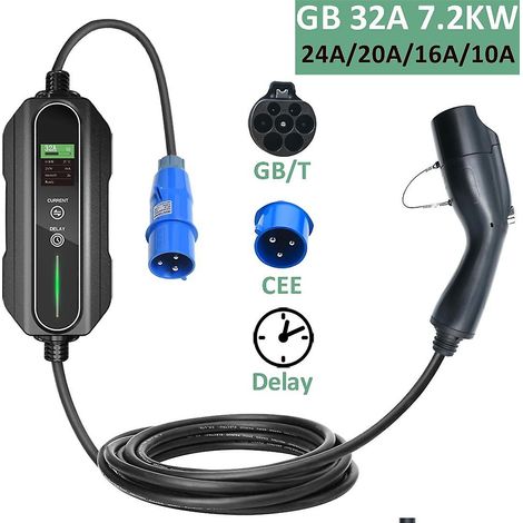 Chargeur de voiture 32A monophasé 7,2 kW avec minuterie, chargeur portable pour véhicules électriques, courant réglable. (1/5)
